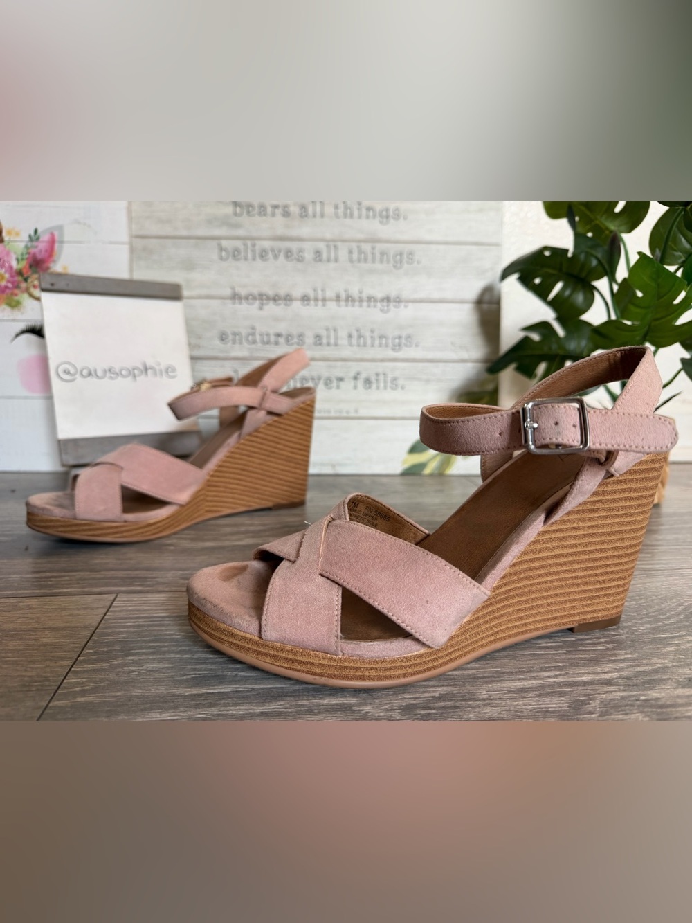 Abound Mara-fab Blush Pink Faux Suede Wedge Sandals w Ankle Strap. Size 7